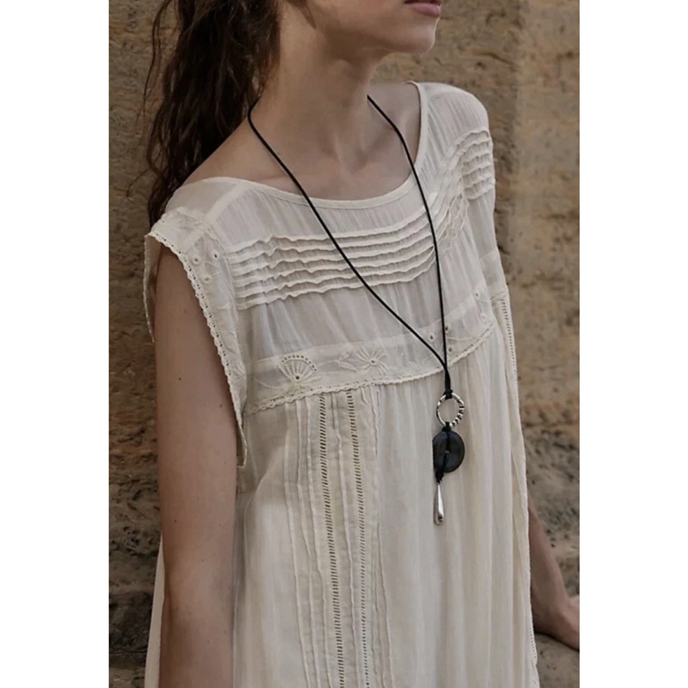 NEW FREE PEOPLE IVORY MEADOWS EDGE EYELET LACE PINTUCK MAXI DRESS SZ L - Picture 8 of 11